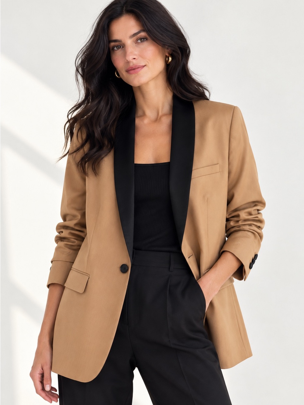 NWT Equipment Quincy Wool Tuxedo Blazer Camel Black Shawl Collar Sz 0